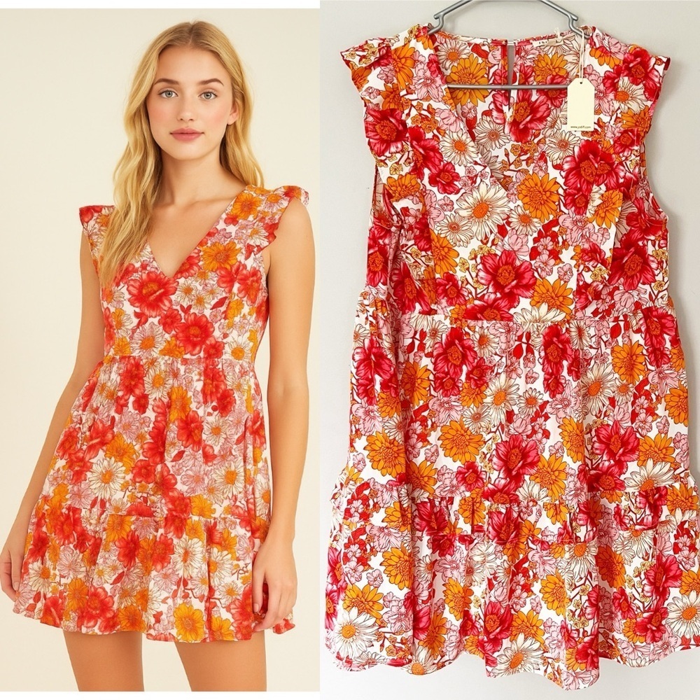 NWT Jodifl Floral Print Babydoll Mini Dress Large Ruffle Orange Red Retro Boho